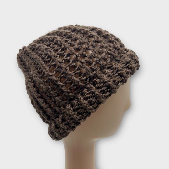 Chunky Knit Open Weave Dark Brown Beanie Knit Hat Outdoors Unisex XS - Picture 1 of 9